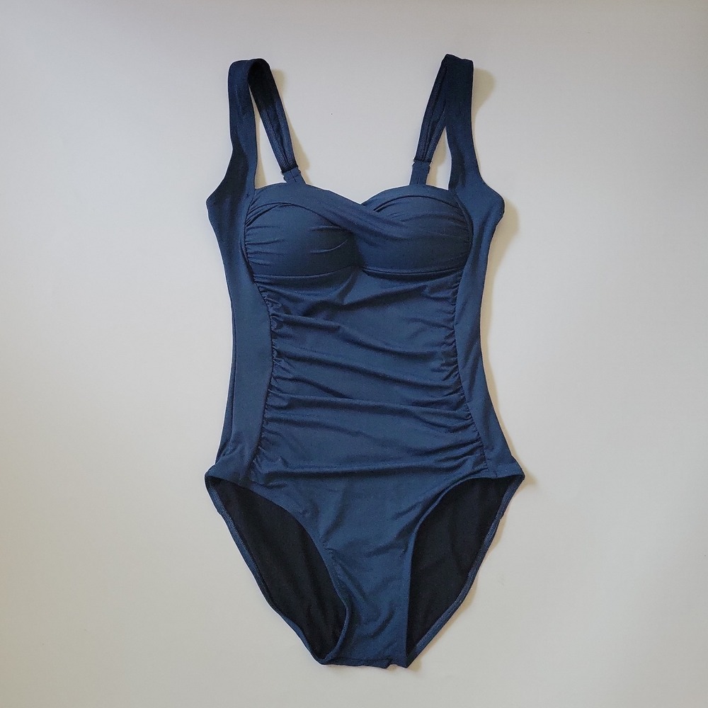 Sundance Marilyn Ruched One Piece Swimsuit Small Teal Blue Sweetheart Neck Retro